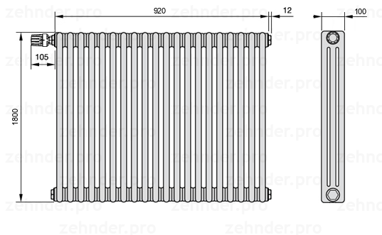 Схема (чертеж) Радиатор Zehnder Charleston 3180/20 №V011 Technoline TL